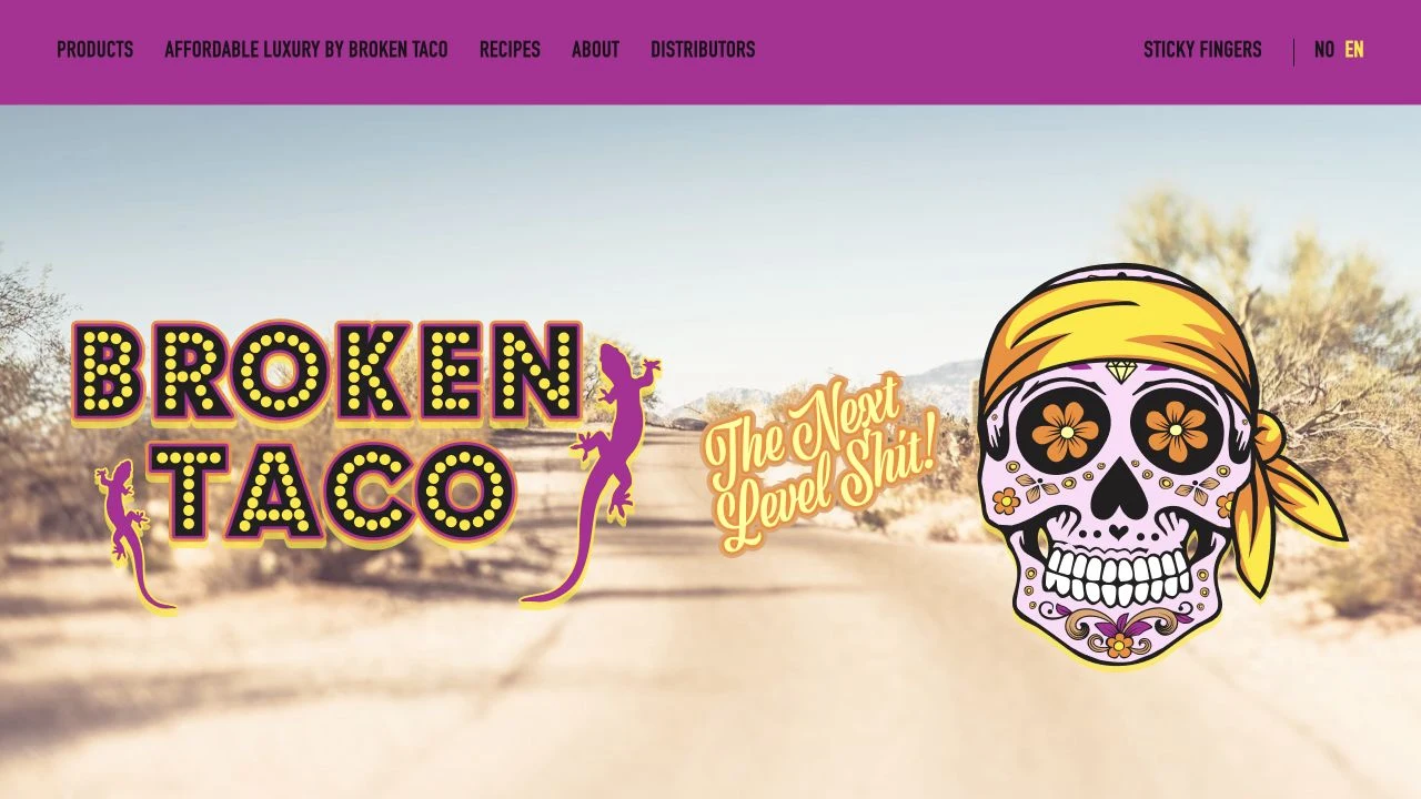 Den nye Broken Taco-nettsiden med fargerik produktpresentasjon