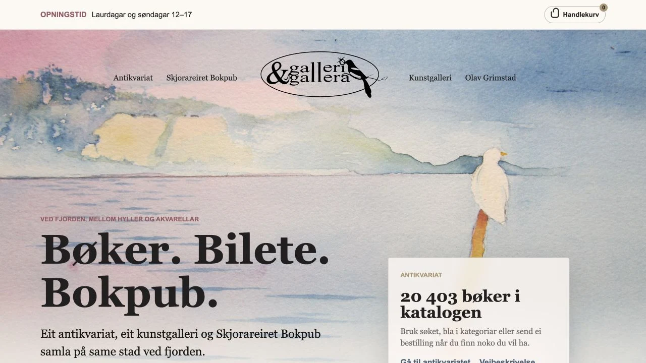 Galleri & Gallera med akvarellbakgrunn og stor typografi