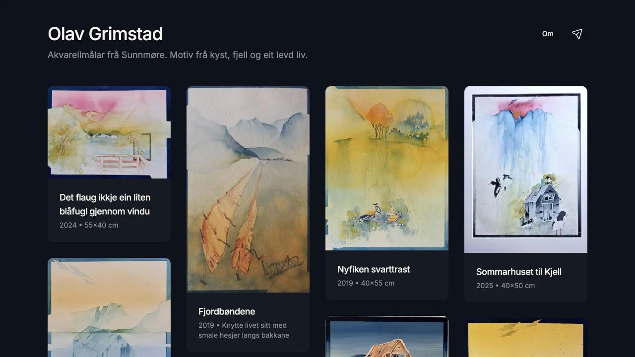 Olav Grimstads akvareller i et mørkt, minimalistisk galleri